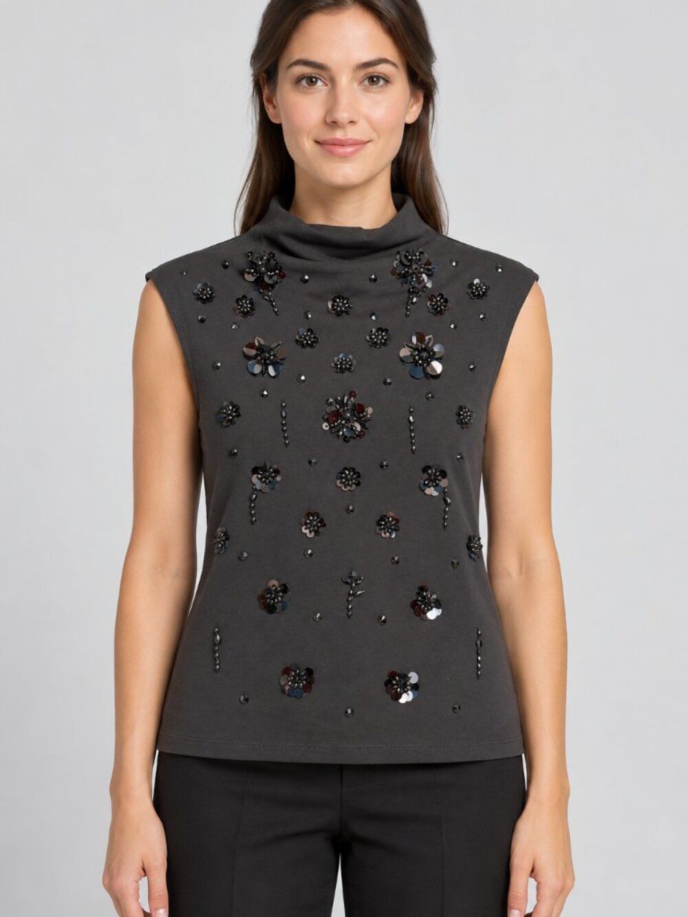 J.Crew Black Floral Sequin Beaded Mock Neck Sleeveless Top S CF300